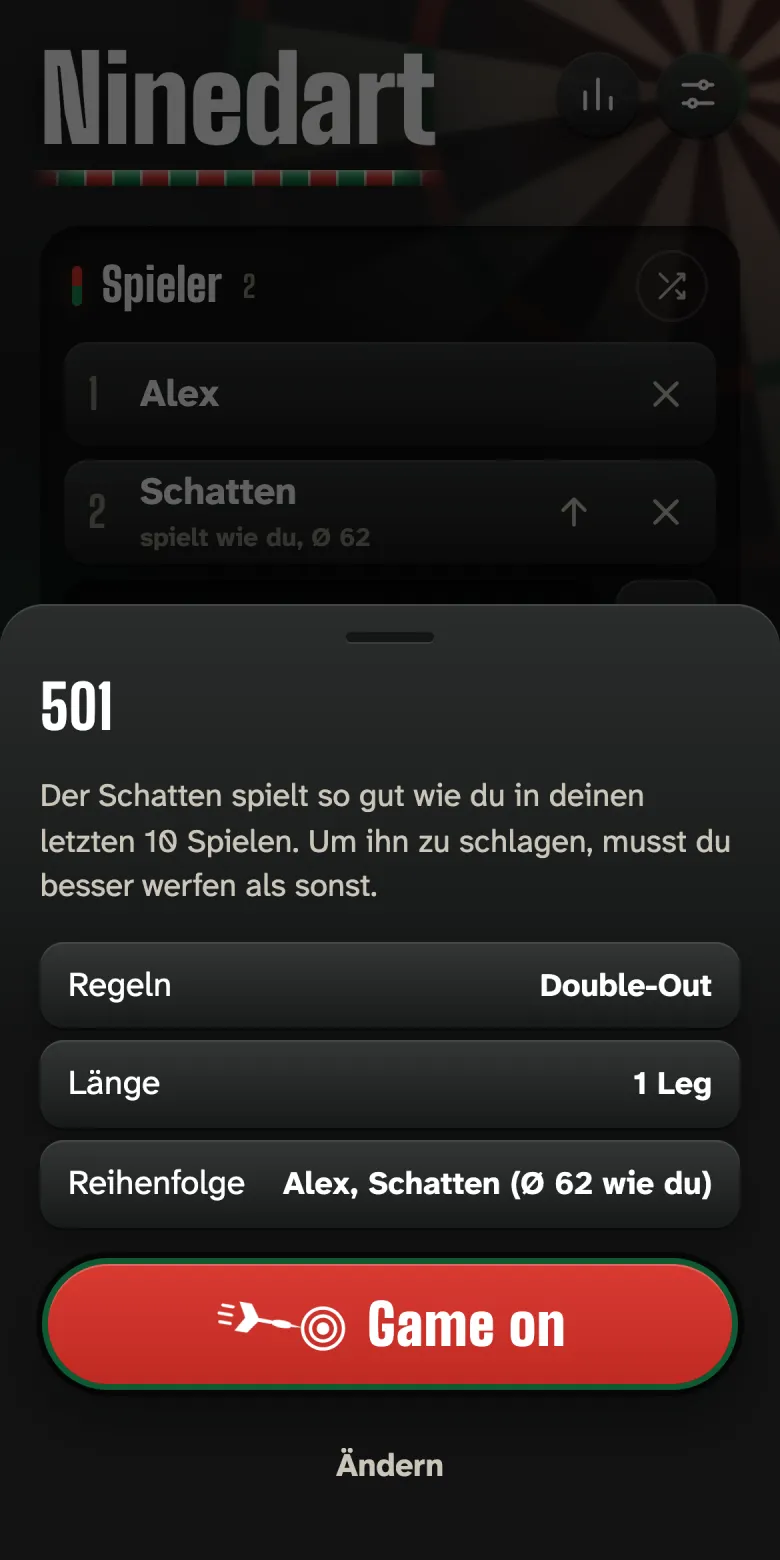 Startdialog gegen den Schatten: Er spielt so gut wie du in deinen letzten 10 Spielen, hier Ø 62.