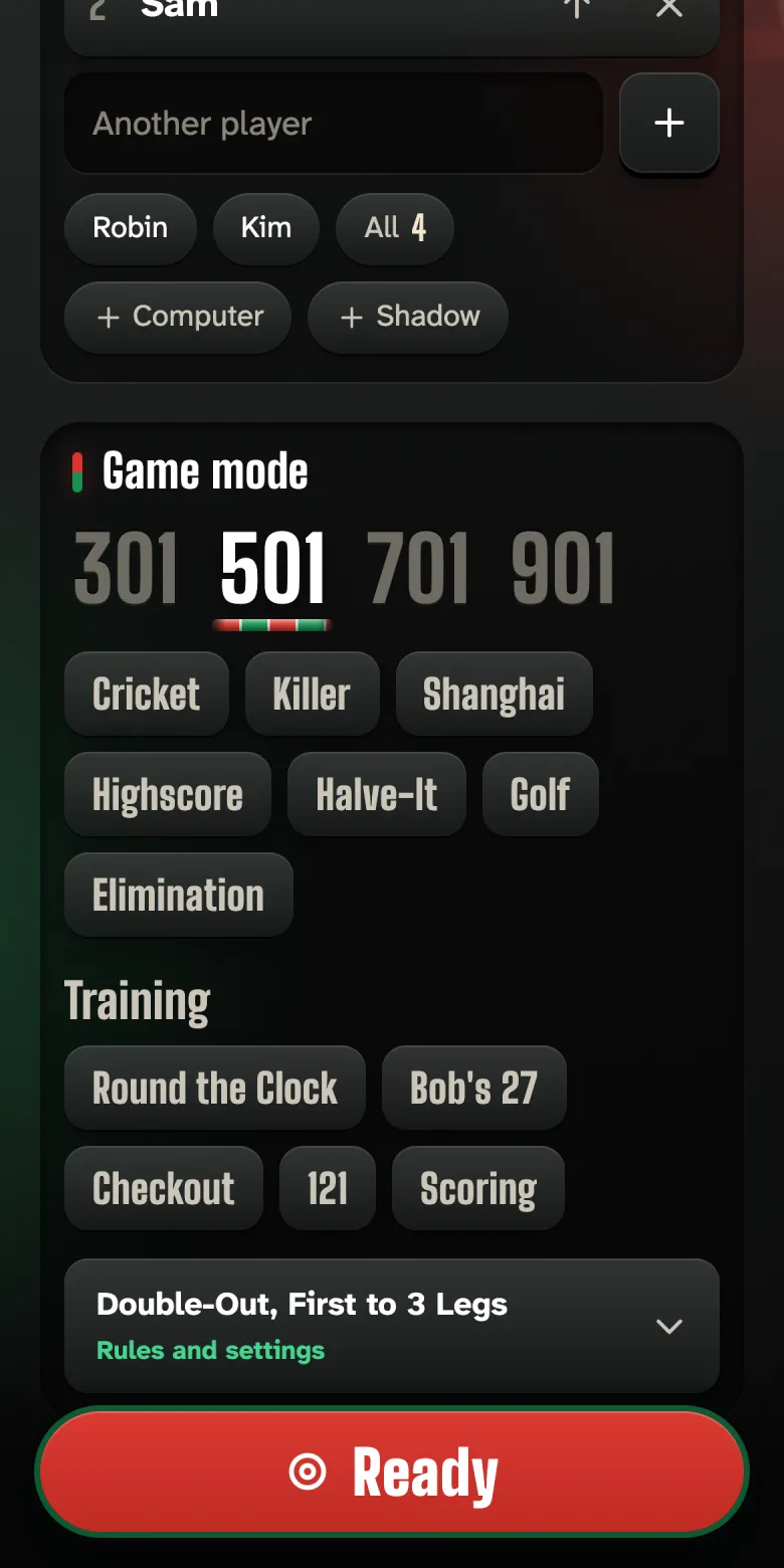 Home screen with the choice of game modes and practice games.
